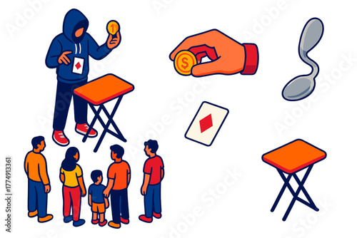 Street Magic Performance. Isometric vector illustration set Street Magic: magician with hoodie, coin trick, bent spoon, levitating
