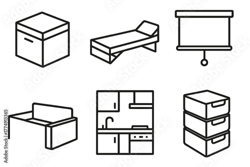 Compact Living Icons. Line style icons of compact living solutions: modular storage box, foldable bed, dual-purpose furniture,