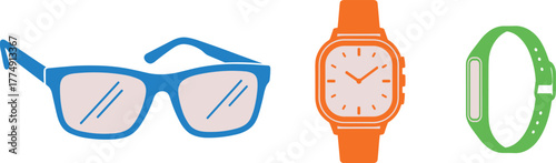 Eyeglasses, wristwatch, and fitness tracker vector illustration, wearable accessories for fashion and technology, smart lifestyle tools for modern digital users