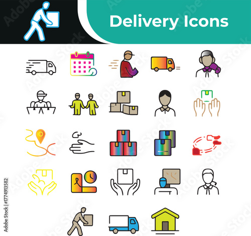 Home Relocation and Customer Support Line Art Icons - House, Furniture, Movers Team, and Review Symbols