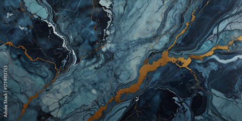Abstract blue marble texture with gold splashes, blue luxury background. Modern abstract oil painting art design. Orange, gold, blue, rough indigo blue marble background.	
