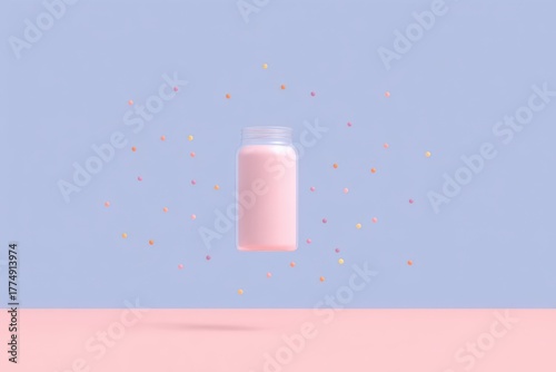 A single blue pill on a pastel pink background