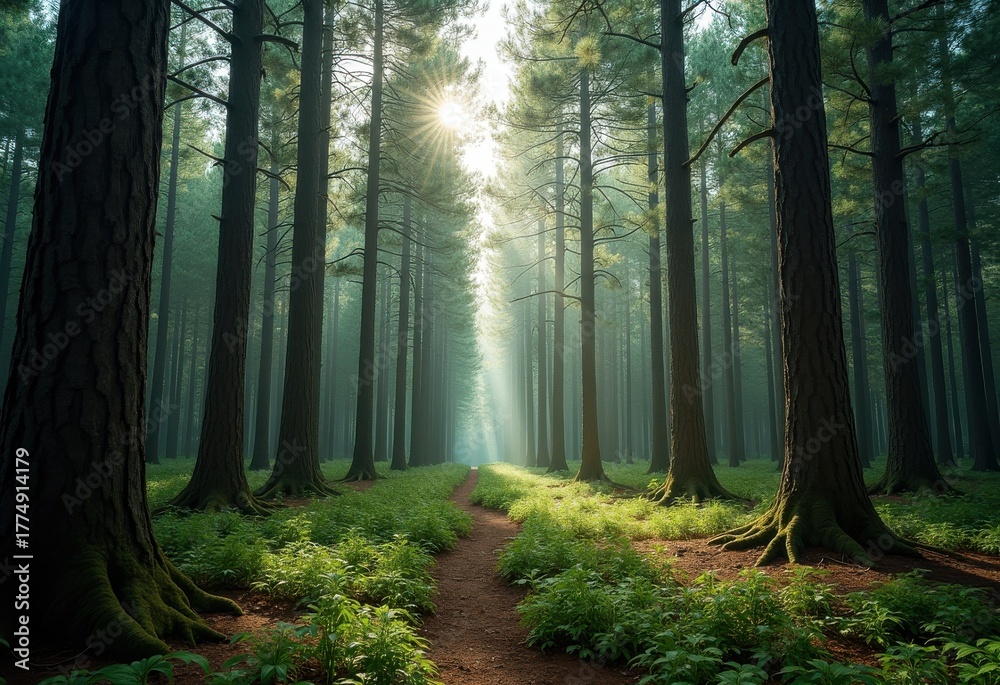 Obraz premium Evergreen Conifer Forest Majestic Surroundings Forest Canopy Sunlight Filtering Through Greenery