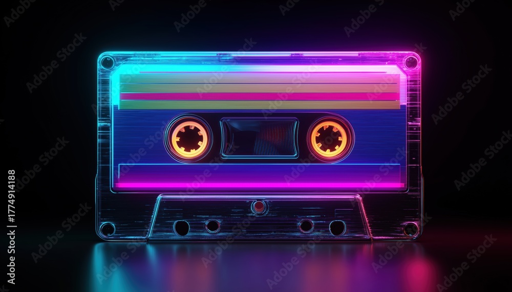 Obraz premium Neon Disco 80s Party Invitation: Vintage Cover Design With Cassette Tape For Retro Eighties Event. Easy Event Template For 1980s Fashion Celebration.