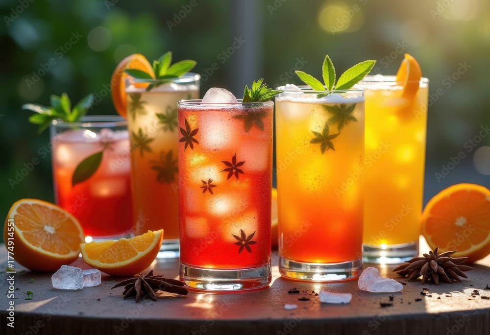Fototapeta premium Colorful Handmade Mocktails Garnished with Fresh Herbs and Spices in Elegant Glassware