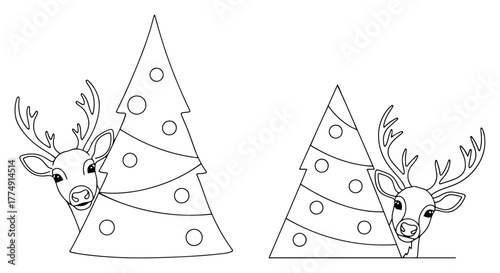 Cute Reindeer Faces Peeking from Decorated Christmas Trees – Playful Winter Holiday Line Art Vector Illustration