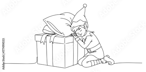 Tired Elf Napping on Giant Wrapped Gift Box – Adorable Christmas Eve Line Art Vector Illustration