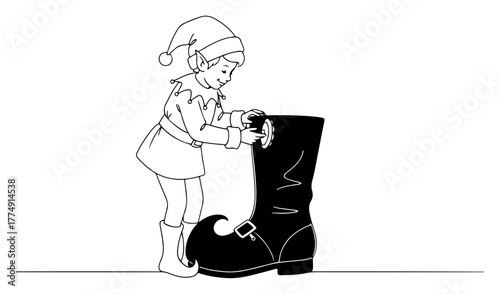 Elf Polishing Santa’s Tall Black Boot – Whimsical North Pole Workshop Line Art Vector Illustration
