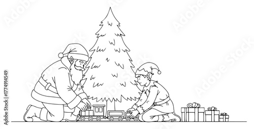 Santa Claus and Elf Playing Toy Train under Christmas Tree – Heartwarming Holiday Line Art Vector Illustration