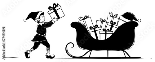 Elf Running with Gift toward Sleigh Packed with Presents – Dynamic Christmas Silhouette Vector Illustration