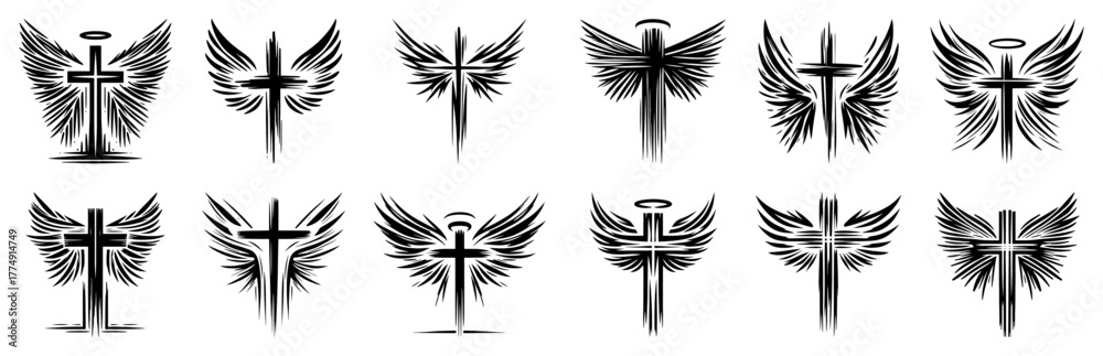 Fototapeta premium Angel Cross Logos with Wings and Halo – Stylized Religious Emblem Icon Vector Illustration