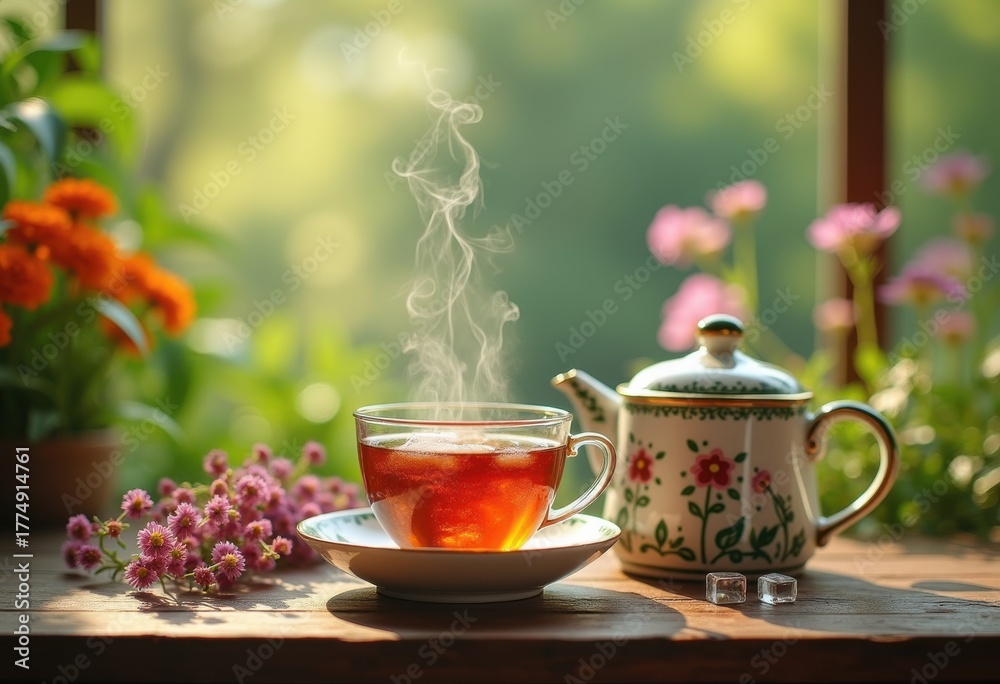Fototapeta premium Elegant Teaware Amidst Lush Nature Frame Serene Ambiance and Tranquil Moments Unmatched Charisma