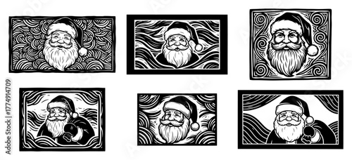 Vintage Santa Claus Portrait Frame Set – Retro Christmas Woodcut Style Vector Illustration