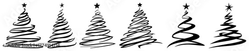 Stylized Scribble Christmas Tree Icon Set with Stars – Minimal Winter Holiday Symbol Vector Illustration