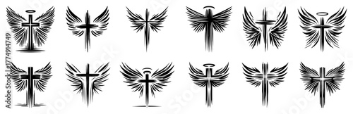 Angel Cross Logos with Wings and Halo – Stylized Religious Emblem Icon Vector Illustration