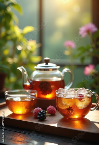 Elegant Teaware Set Amidst Serene Nature Vivid Scenery Harmony Relaxation