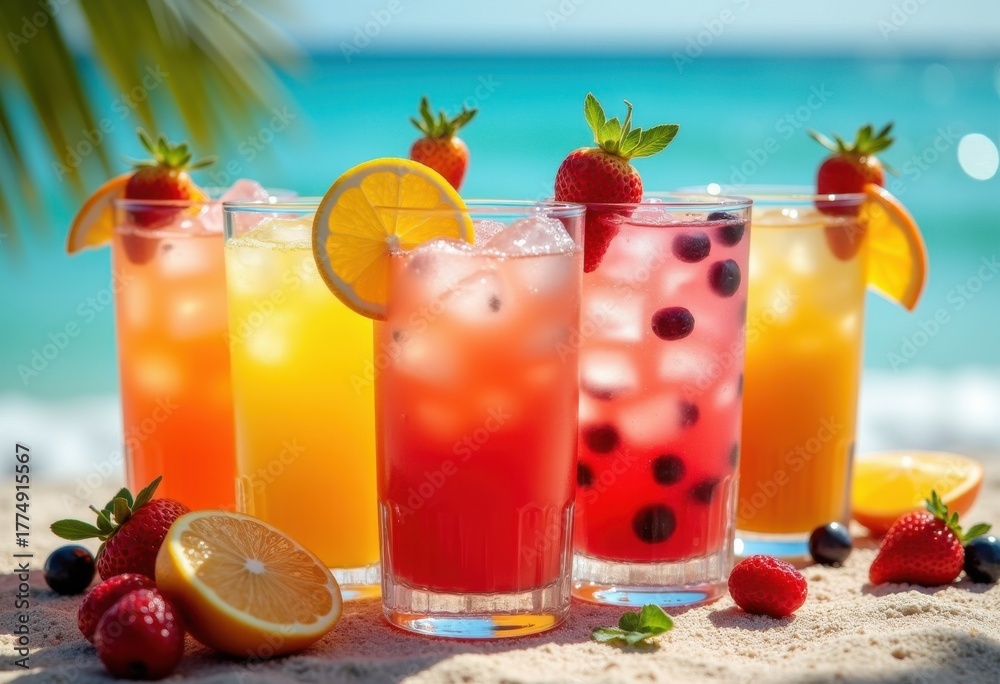Fototapeta premium Vibrant Colorful Cocktails with Fresh Fruit Garnishes Tropical Escape Refreshing Beverage Art