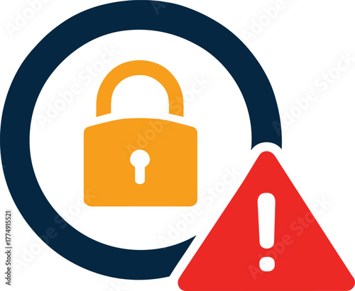 Security warning icon with padlock and alert symbol, vector illustration for cybersecurity, data protection, restricted access, and system vulnerability content