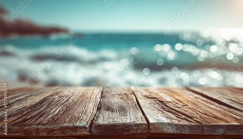 Vintage Filter Enhances Product Presentation Of Empty Old Wood Table With Bokeh Sunlight Wave On Blur Tropical Beach Background In Nature.