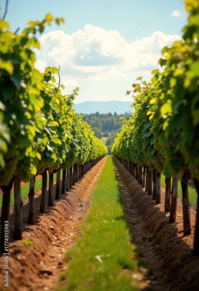 Fototapeta premium Stunning Rows of Grapevines Torching Radiant Sunlight In Enclosed Vineyard Blissful Agriculture Aesthetics