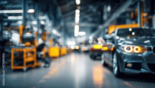 Fototapeta Naklejka Na Ścianę i Meble -  Garage Shop With Blurry Car And Repair Station: Mechanics Performing Maintenance And Checkups On Vehicles In Business Setting.