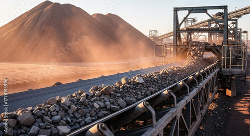 Stone processing plant with large conveyor belt moving ore from pile on sunny day. Mining facility production footage.