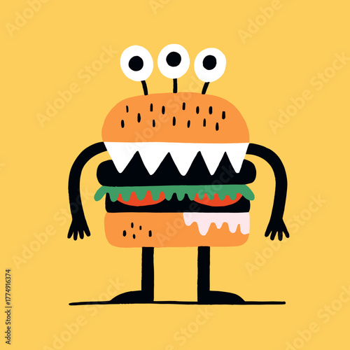 Cute monster burger character with big eyes and playful design stands cheerfully against a bright yellow background