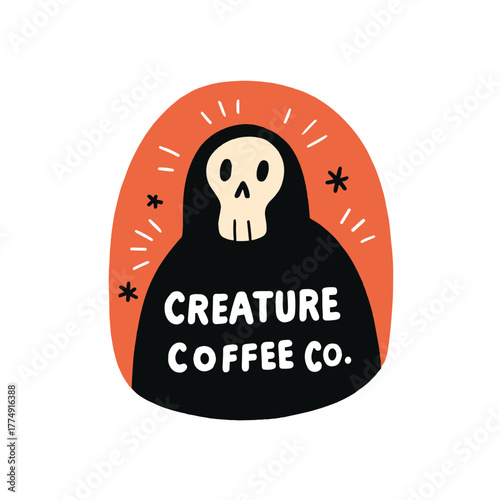 Cute vector illustration of a quirky coffee mascot with a skeleton face holding a mug, designed in flat colors for a coffee brand