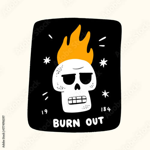 Expressive vector illustration of a bold skull with fiery hair representing burnout in a creative and fun style