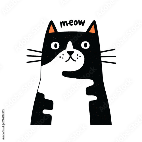 Cute black and white cat with a playful meow expression in a charming vector illustration