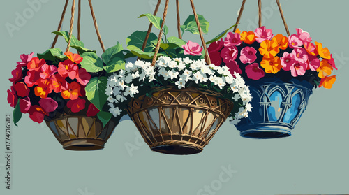 Beautiful hanging flower pots with vibrant blooms and greenery as indoor decoration