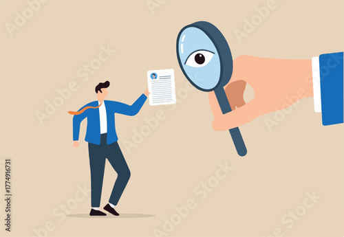 Recruiter hand using magnifying glass with eye to inspect resumes hold by candidate detailed evaluation thorough scrutiny finding best meticulous recruitment