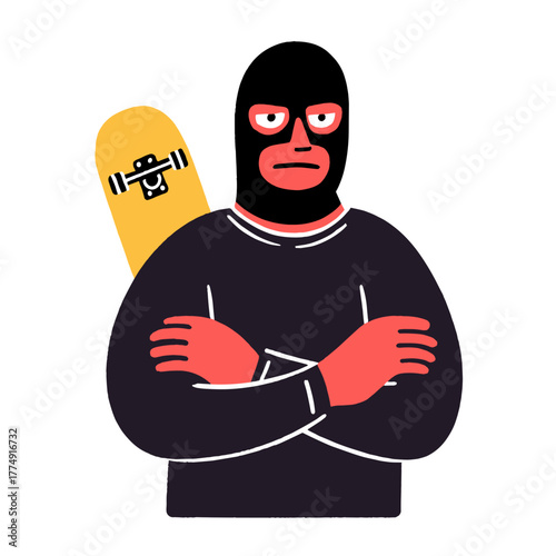 Cool skateboarder in mask confidently poses with arms crossed and skateboard slung over shoulder in a vibrant urban setting