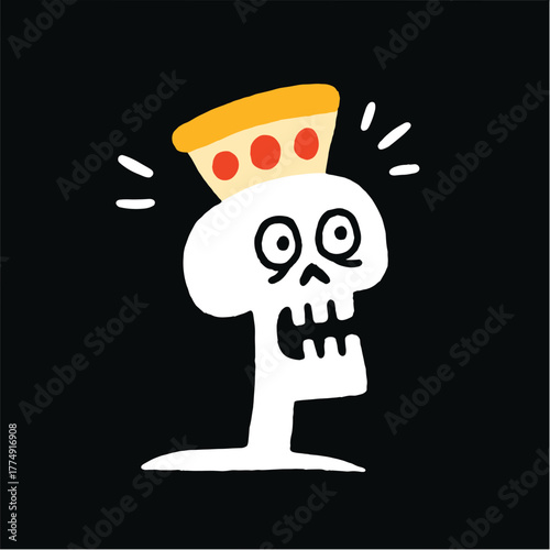 Creative vector illustration of a cute cartoon skeleton with a colorful pizza hat, set against a dark background