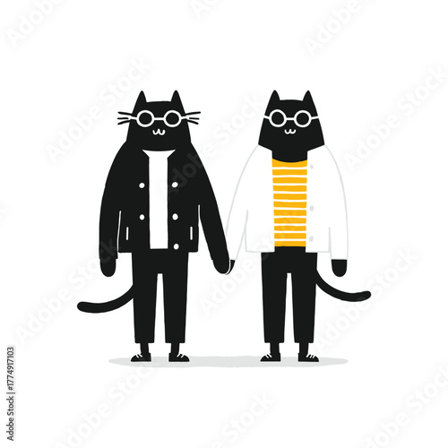 Cute cats dressed in stylish outfits holding hands, celebrating friendship in a vibrant vector illustration with flat colors