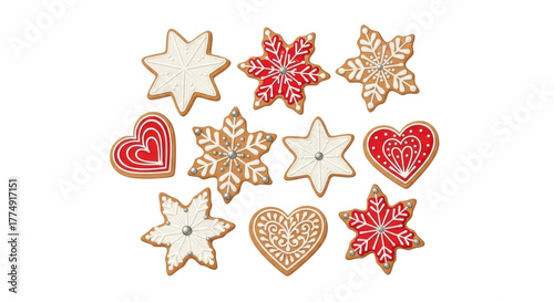 Assorted decorative christmas cookies with red and white icing