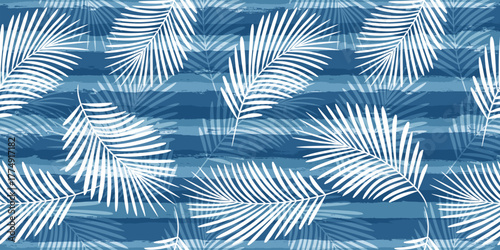 Tropical pattern, palm leaves seamless vector floral background. Exotic plant on blue stripes. Summer nature jungle print. Leaves of palm tree on paint lines. ink brush strokes