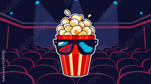 Fun popcorn bucket wearing sunglasses in a vibrant cinema setting with empty seats