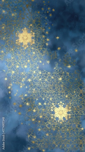 Elegant Gold Snowflakes on Blue Watercolor Background