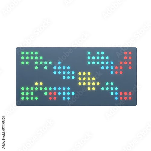 Digital display board with colorful light pixels forming abstract pattern on dark gray rectangular surface