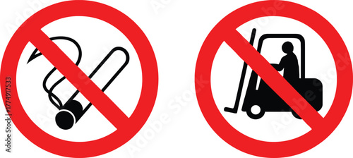 No smoking and no forklift operation safety signs, workplace hazard warning symbols, industrial prohibition icons, vector illustration for health and safety compliance