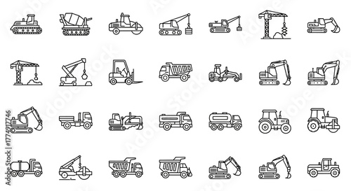 Heavy Machinery Line Icons – Construction Equipment, Trucks, and Cranes Vector Pack