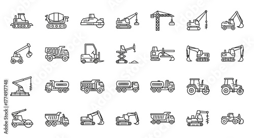 Construction Vehicle Line Icons – Heavy Equipment, Machinery, and Industrial Truck Vector Set