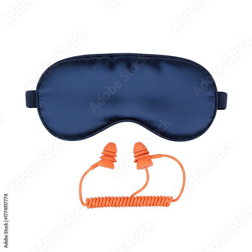 Dark Blue Silk Sleep Mask and Bright Orange Earplugs With Attached Cord Displayed on a Transparent Background