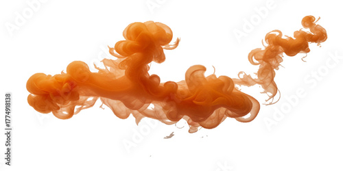 Orange color paint splash ink cloud liquid in water isolated transparent . Powerful cloud explosion, orange color spreads aggressively	