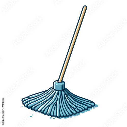 Mop with blue bristles and wooden handle on a light background, vector illustration, copy space