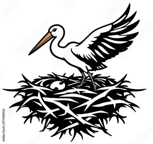 Stork standing in a nest with eggs symbolizing motherhood and family values