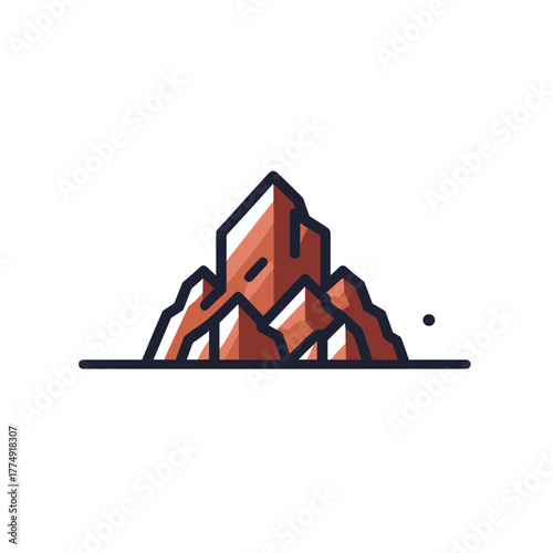 Stylized mountain peak with rocks and cliffs above calm waters in a modern graphic style
