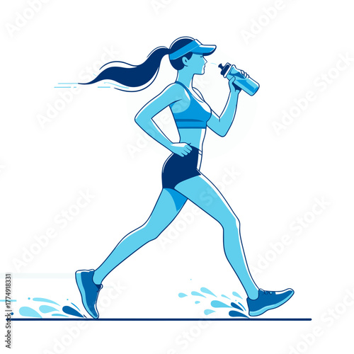 Female athlete running energetically with a water bottle on a blue background