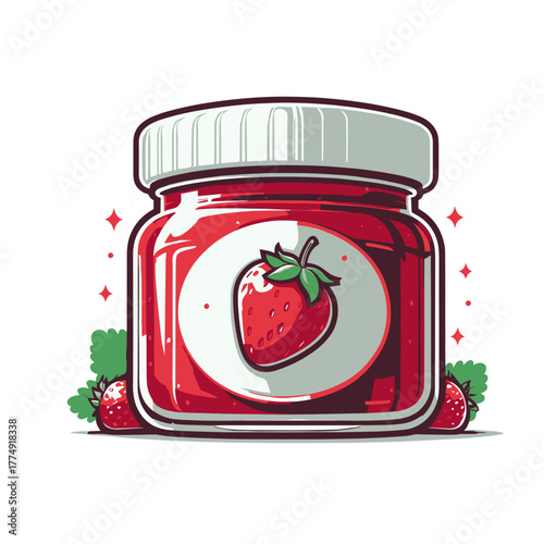 Vibrant strawberry jam jar with a berry label and fresh strawberries in a playful graphic style